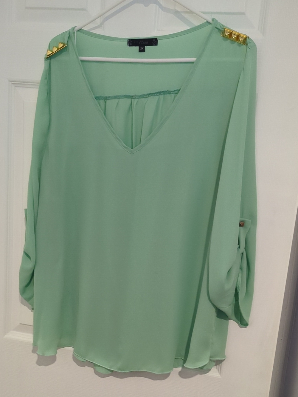 Have Mint Green V-Neck Blouse with Gold Stud Shoulder Detail